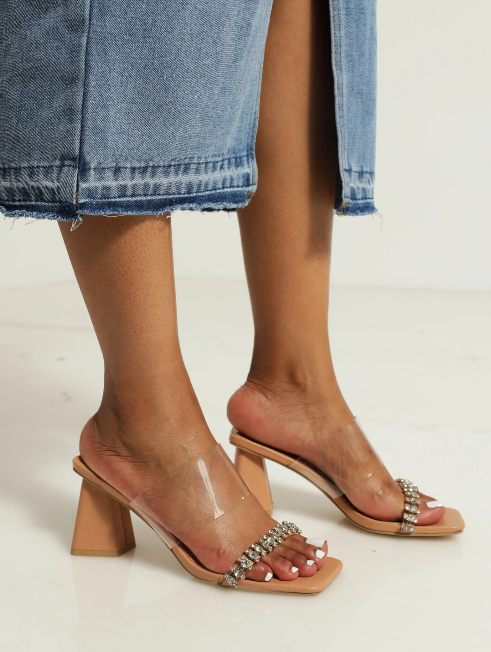Hi Block Double Strap Vinyl Mule With Diamante - Image 3