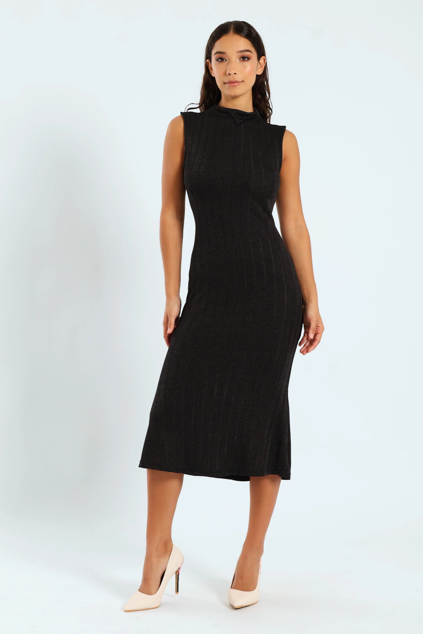 Hi Neck Bandage Midi Dress - Black