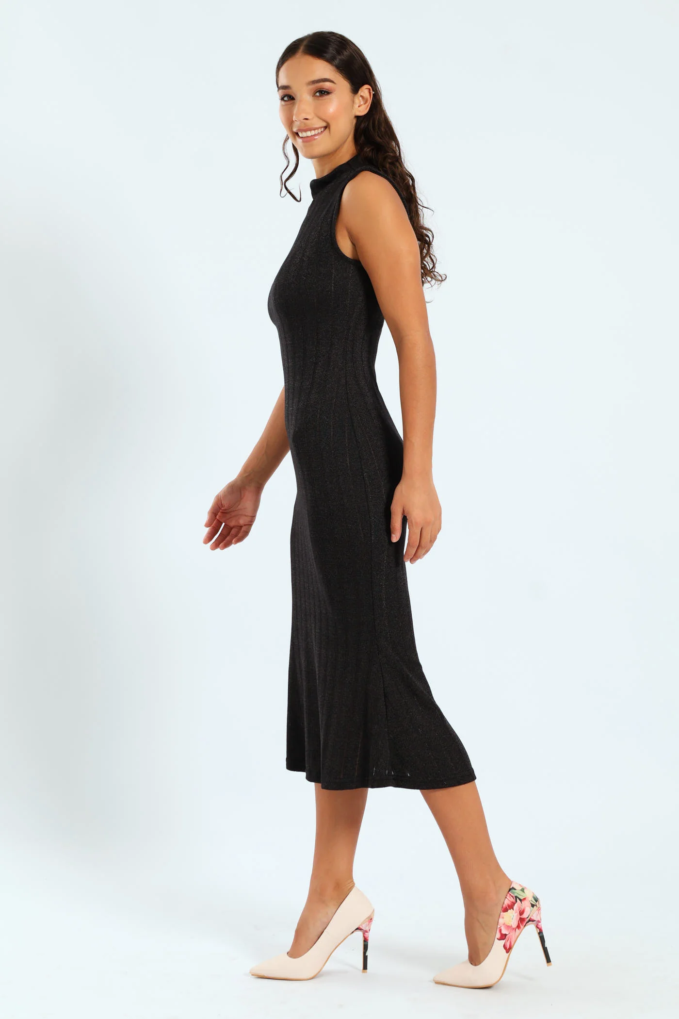 Hi Neck Bandage Midi Dress - Black - Image 2