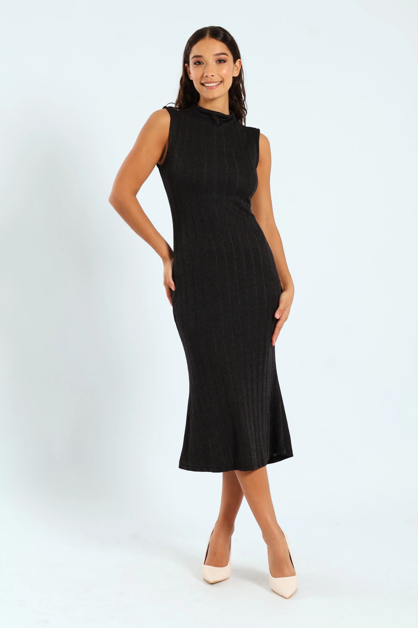 Hi Neck Bandage Midi Dress - Black - Image 4