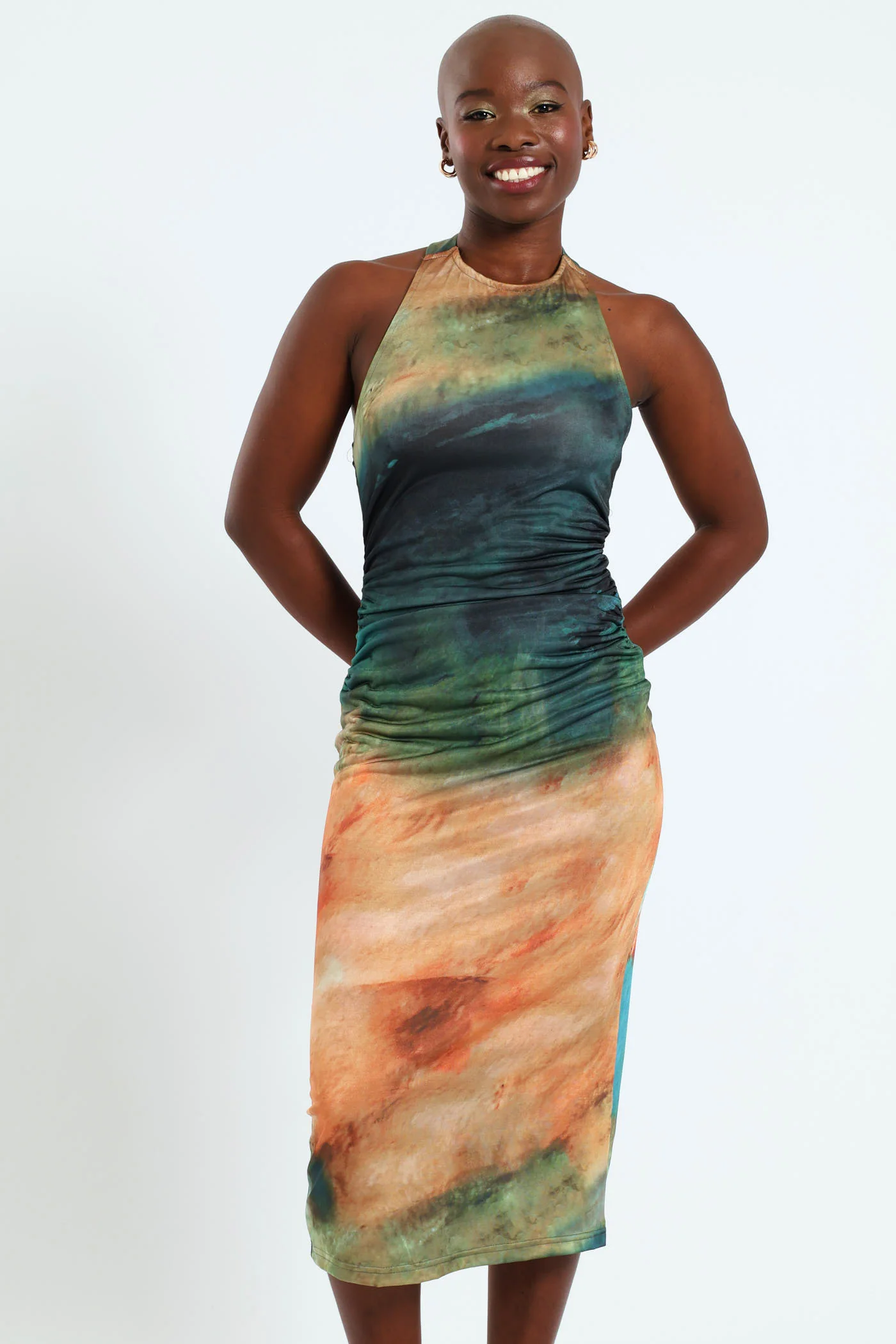 Hi Neck Gauged Midi Dress - Multi