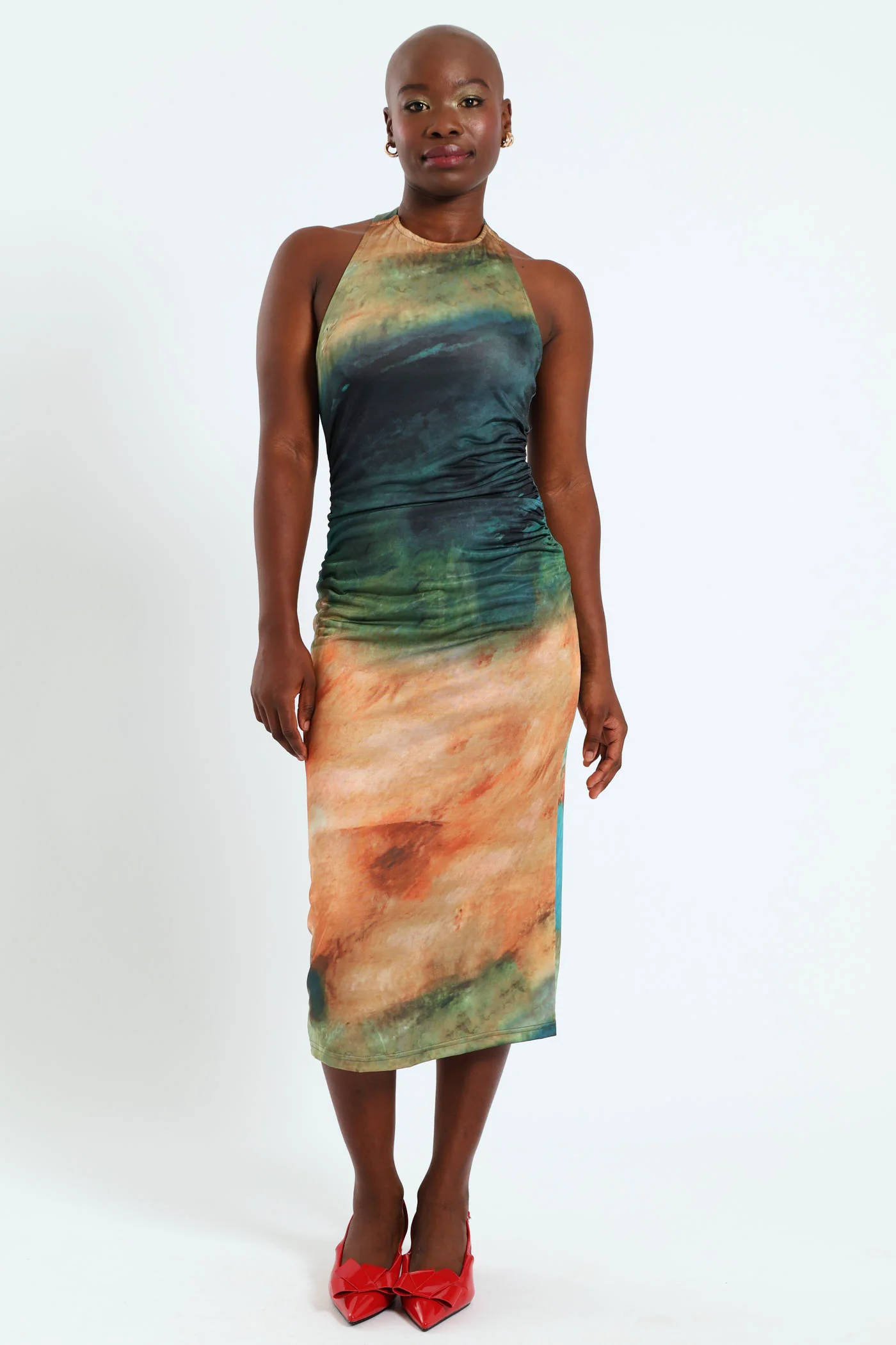Hi Neck Gauged Midi Dress - Multi - Image 2