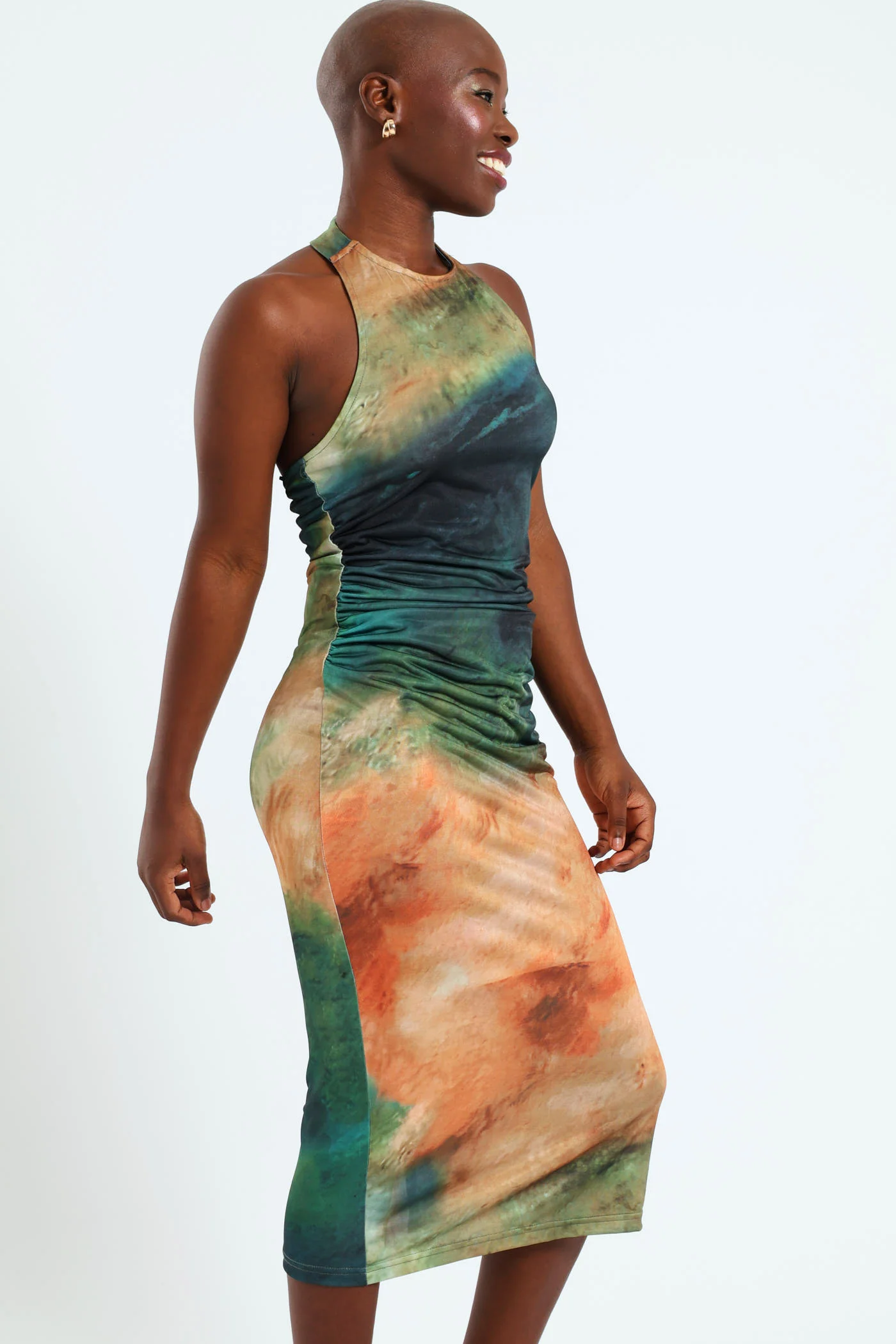 Hi Neck Gauged Midi Dress - Multi - Image 3