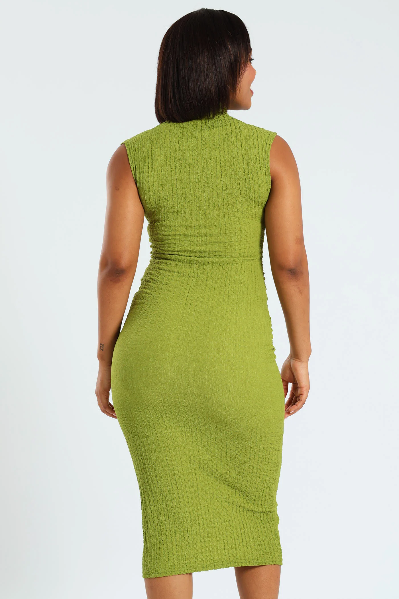 High Neck Left Side Wearing Gauged Bodycon Dress - Chartreuse - Image 4