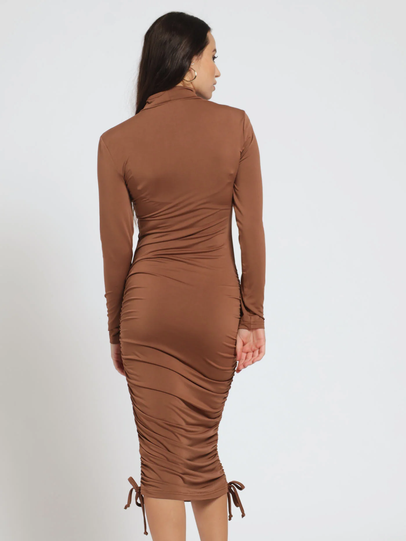 Hi Neck Midi Gauged Dress - Caramel - Image 3