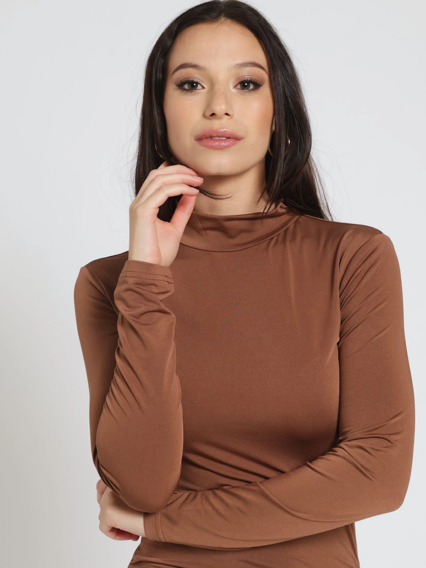 Hi Neck Midi Gauged Dress - Caramel - Image 5