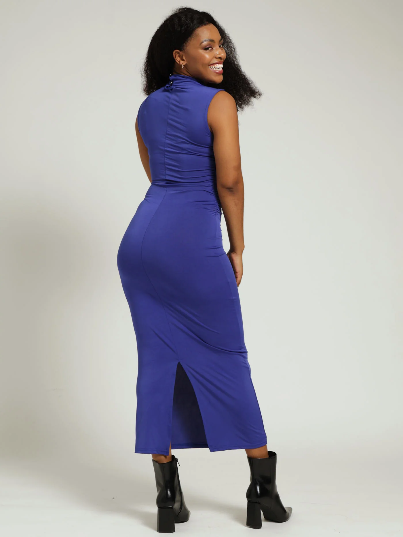 Hi-Neck Midi Bodycon Gauged Dress - Cobalt - Image 3