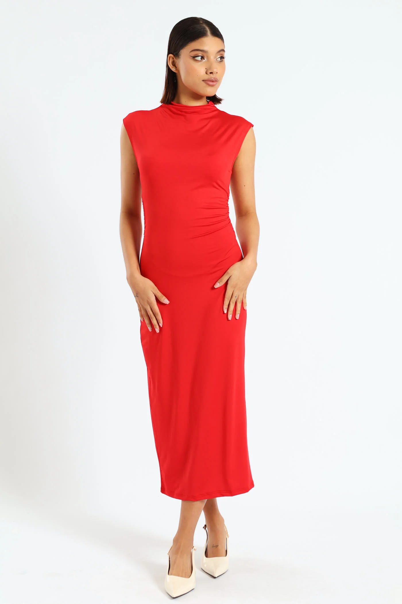 Hi Neck Waist Gauged Slinky Midi Dress - Red
