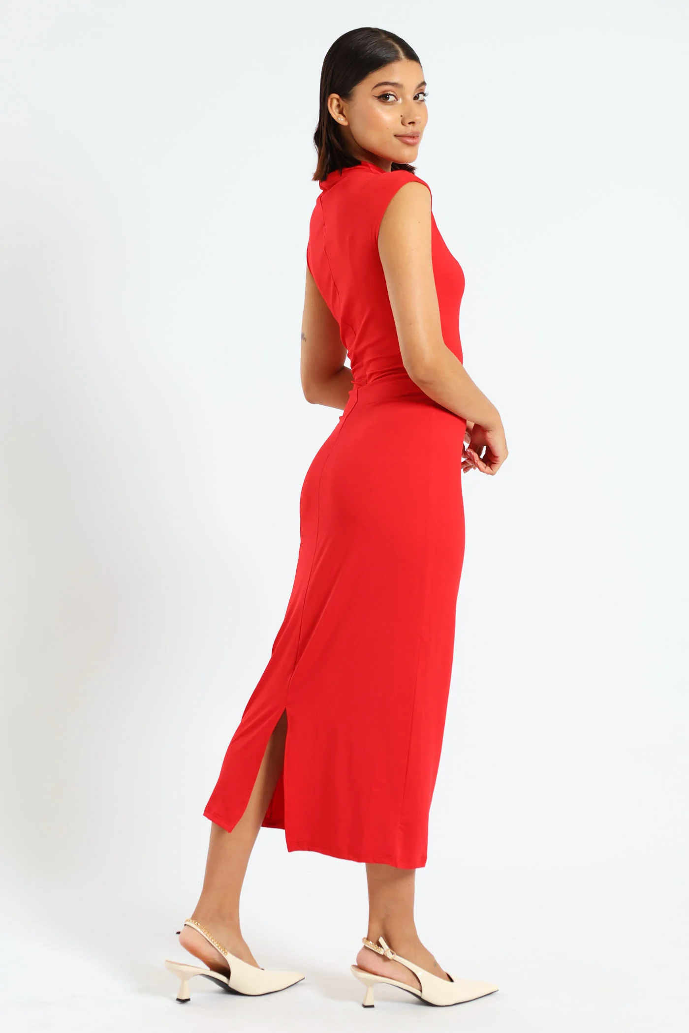 Hi Neck Waist Gauged Slinky Midi Dress - Red - Image 2