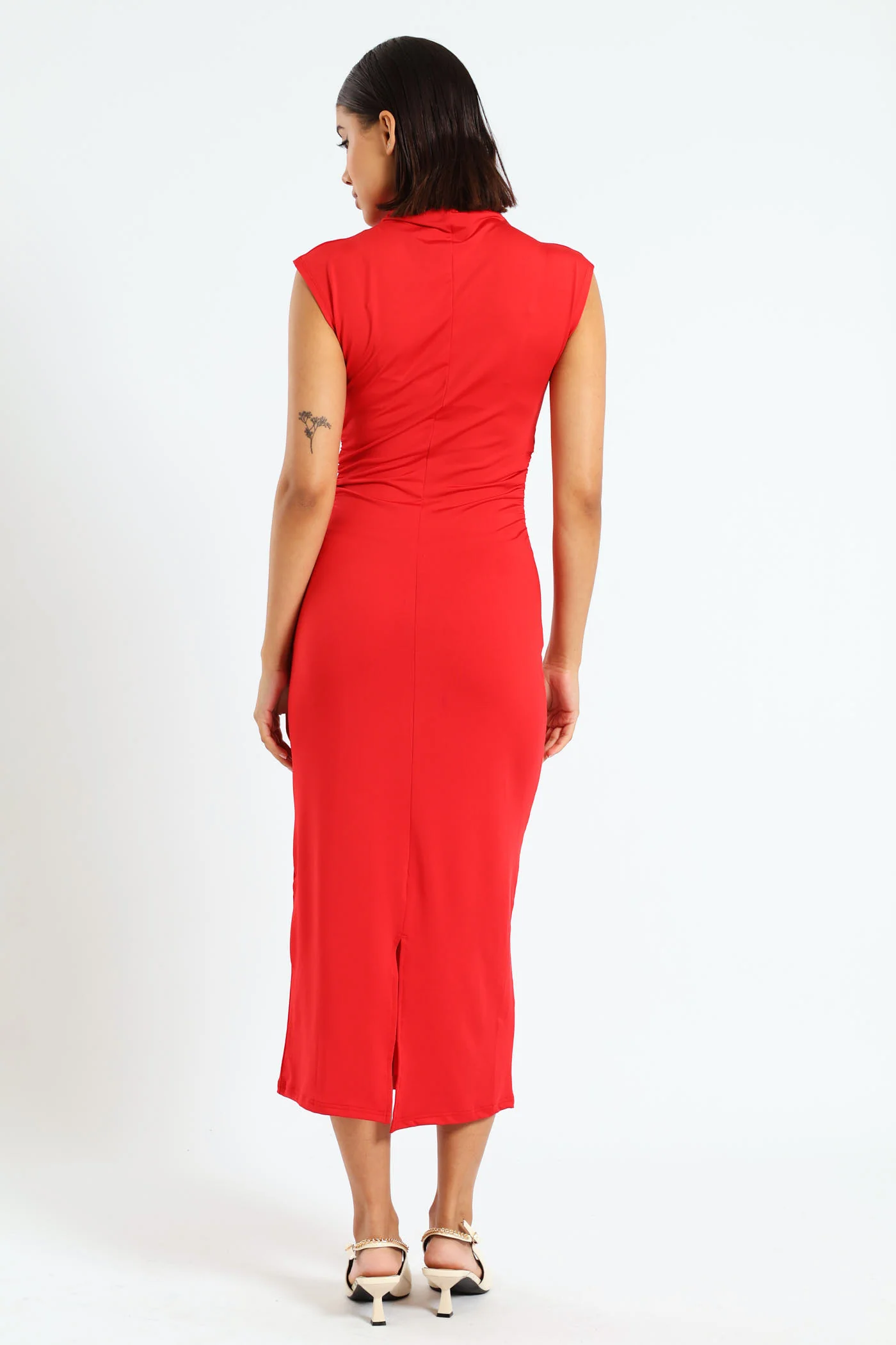 Hi Neck Waist Gauged Slinky Midi Dress - Red - Image 3