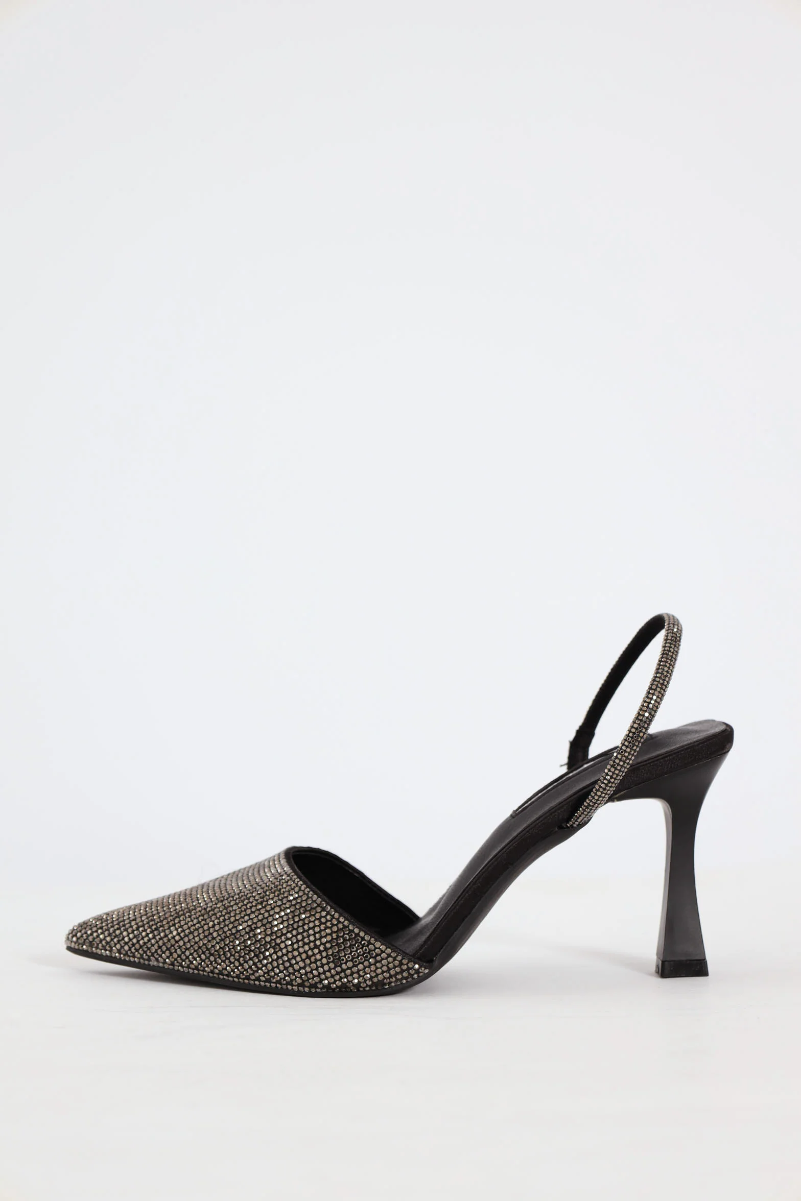 Hi Shape Full Diamante Pointy Slingback Court Heel - Gunmetal
