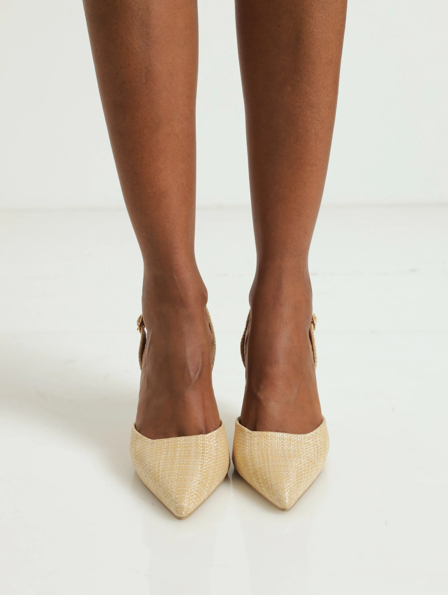 Hi Shaped Pointed Raffia Court Slingback Heel - Beige