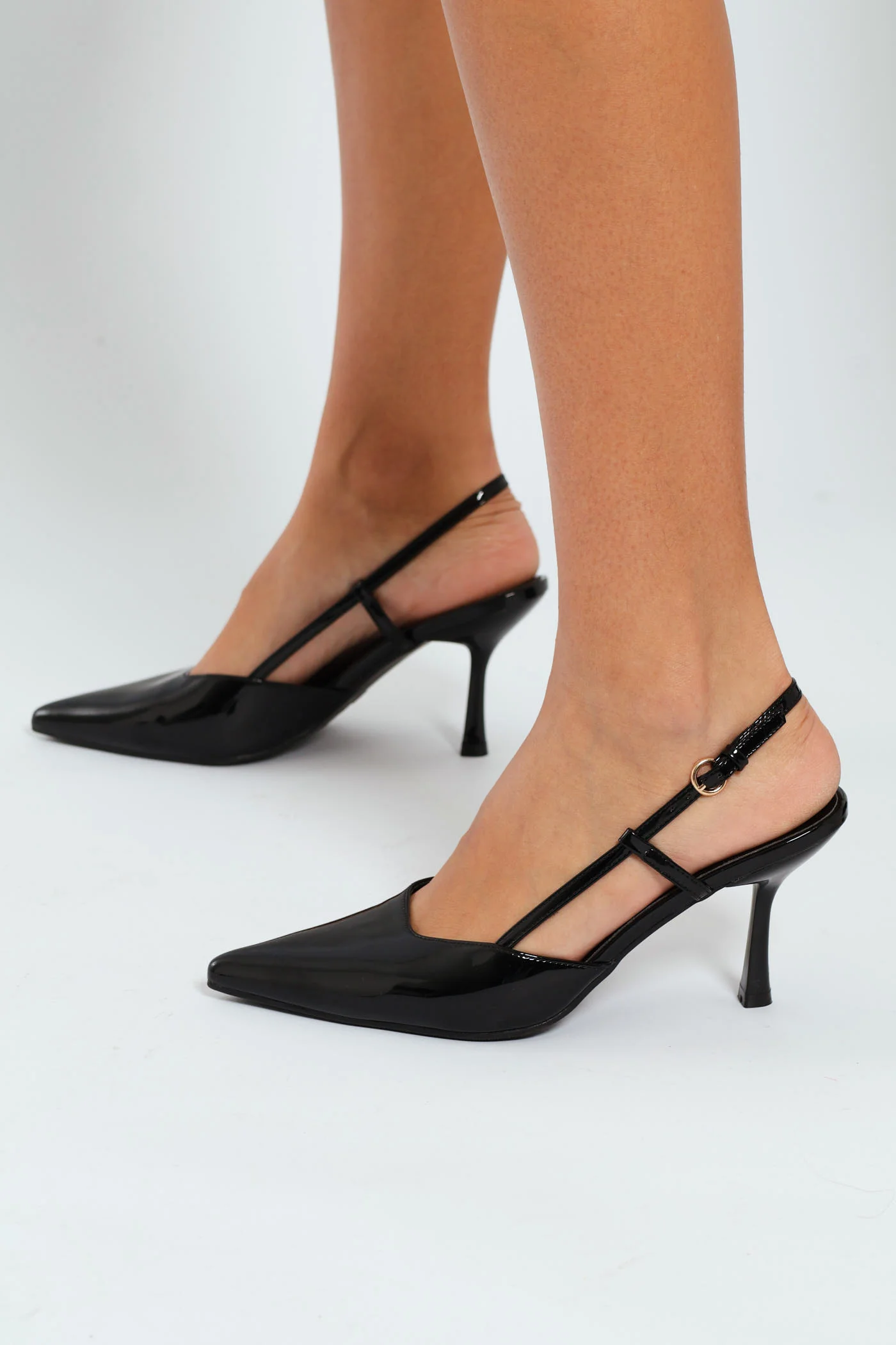 Hi Shaped Pointy Patent Slingback Court Heel - Black - Image 2