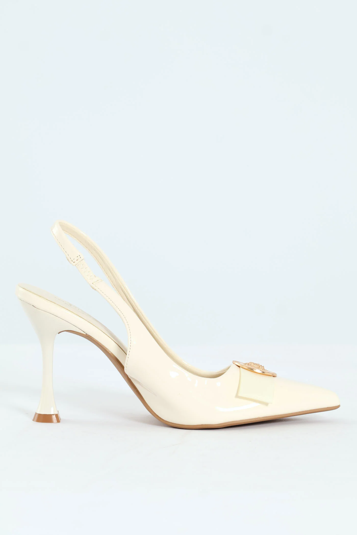 Hi Shaped Pointy Trimmed Bow Slingback Court Heel - White