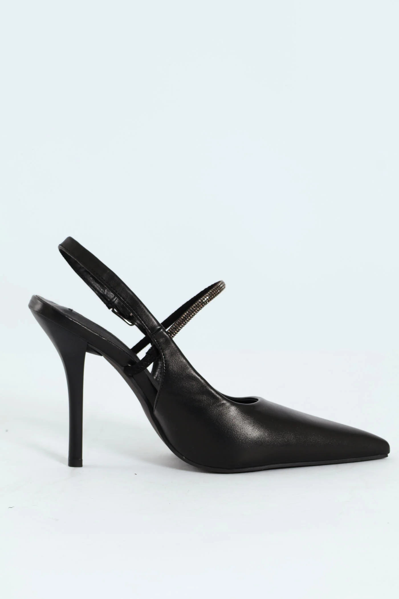 Hi Stiletto Pointy Slingback Court Heel With Diamante - Black