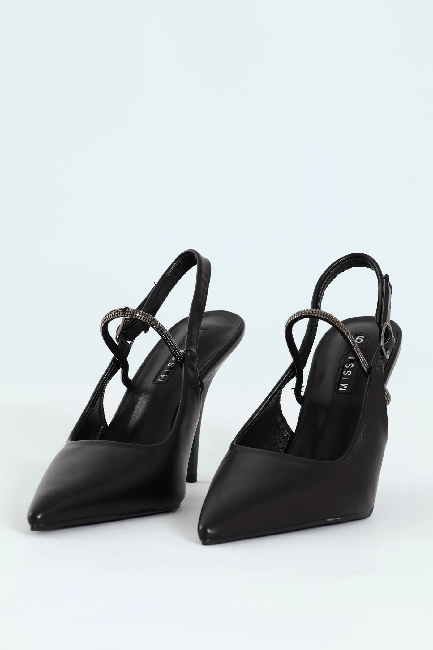 Hi Stiletto Pointy Slingback Court Heel With Diamante - Black - Image 2