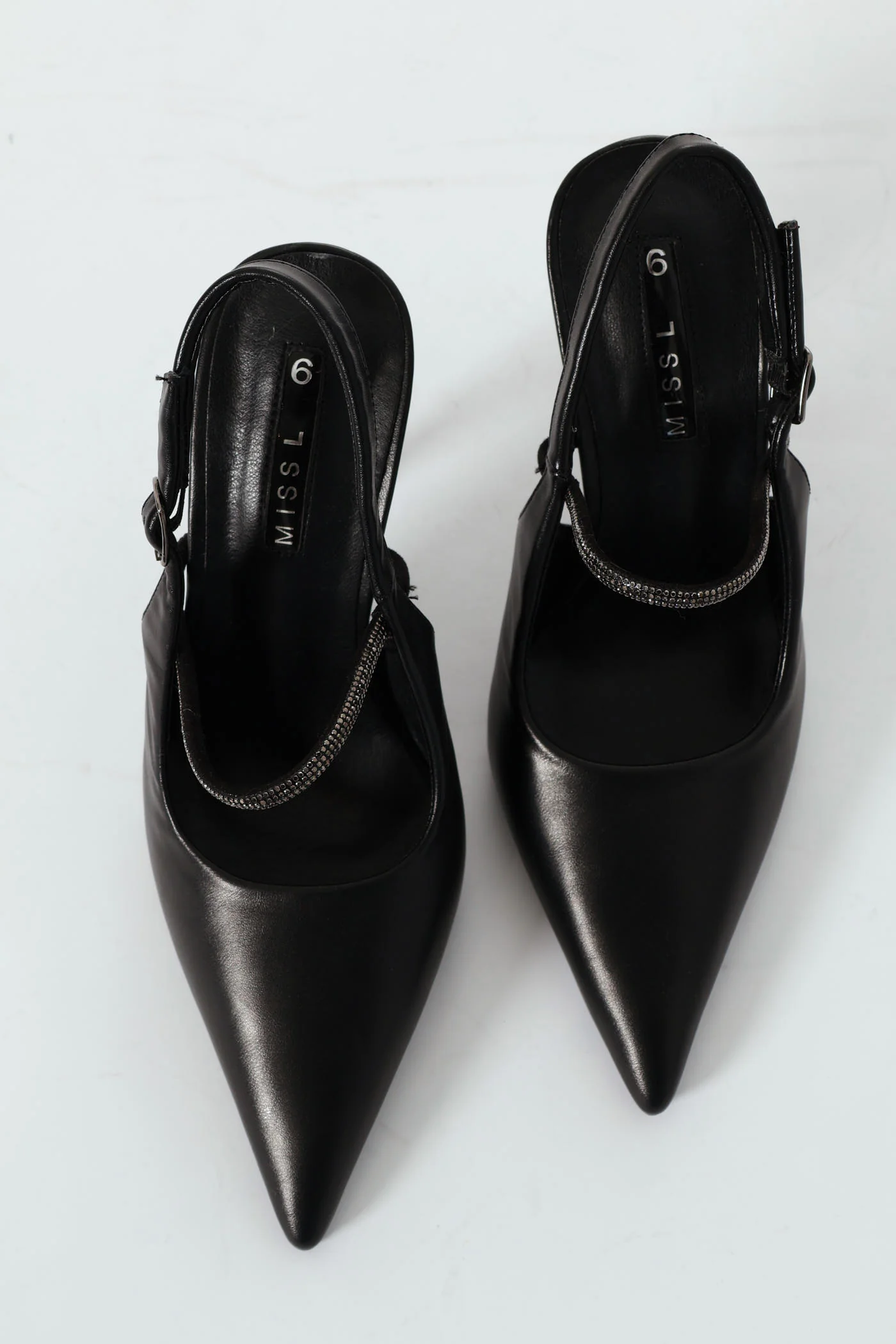 Hi Stiletto Pointy Slingback Court Heel With Diamante - Black - Image 3