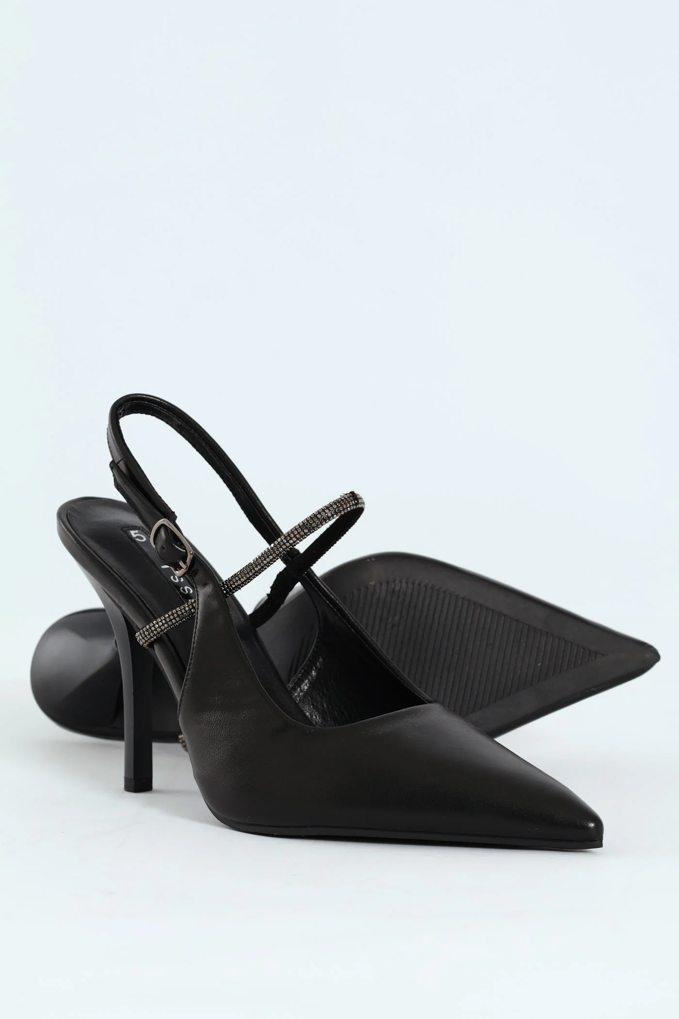 Hi Stiletto Pointy Slingback Court Heel With Diamante - Black - Image 5