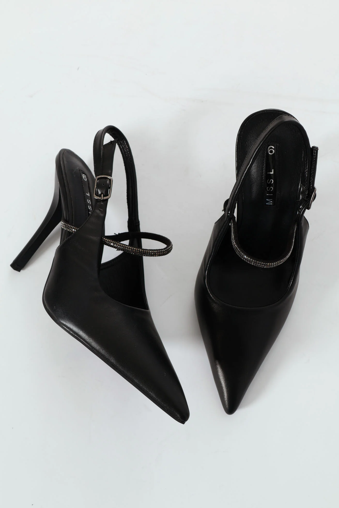 Hi Stiletto Pointy Slingback Court Heel With Diamante - Black - Image 6