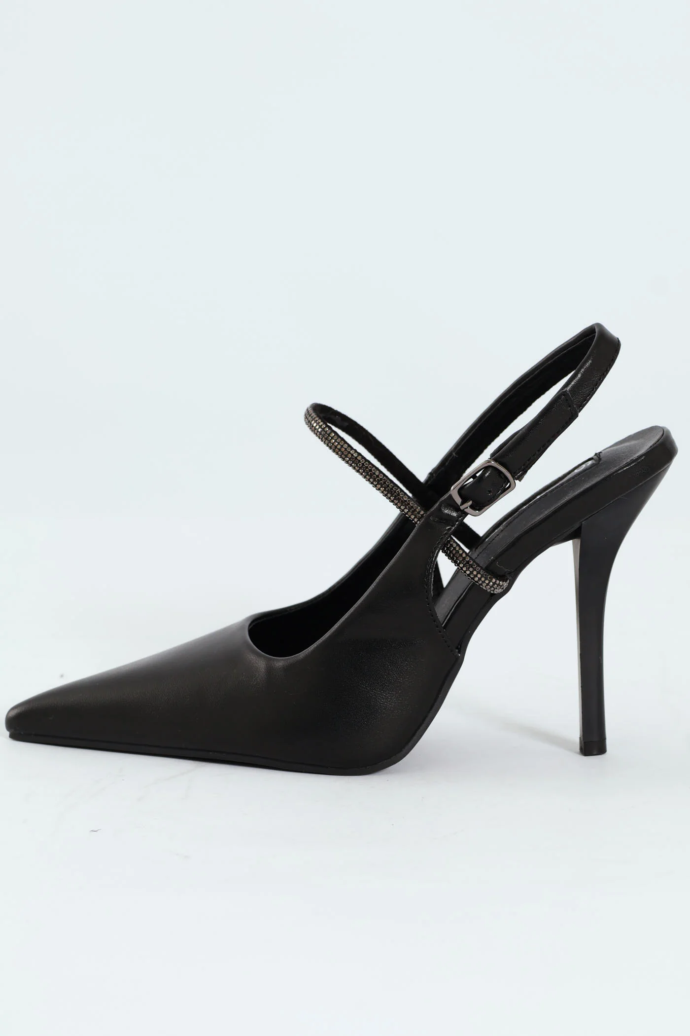 Hi Stiletto Pointy Slingback Court Heel With Diamante - Black - Image 7