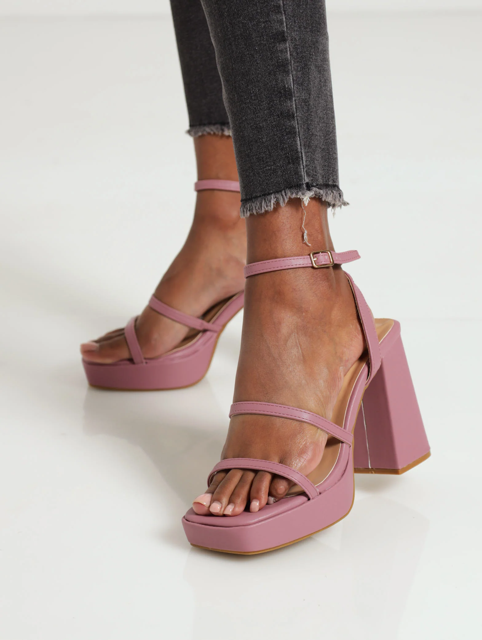 High Block Platform Heel With Straps And Ankle Buckle
