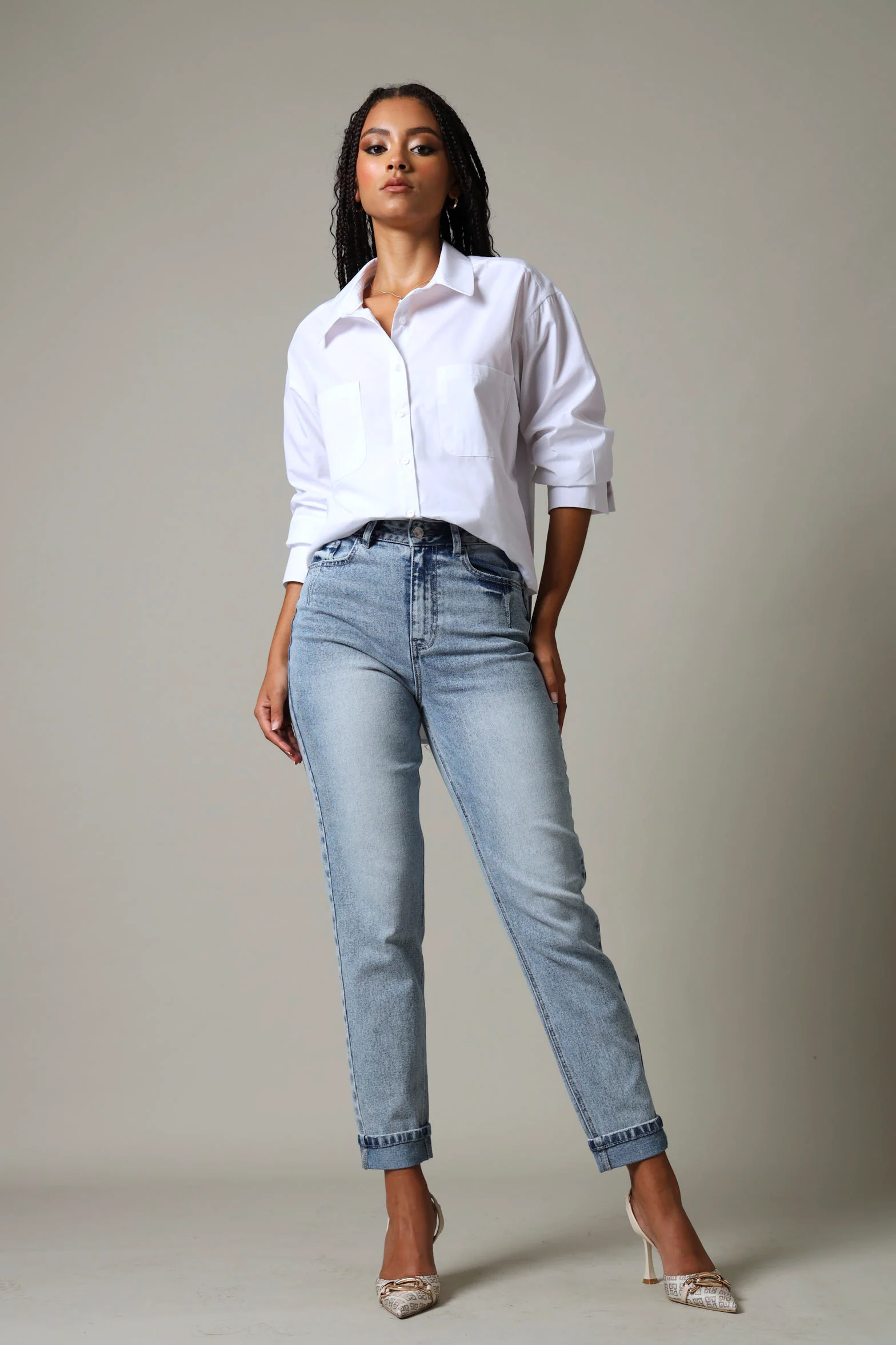 High Rise Turn Up Mom Jean - Light Wash