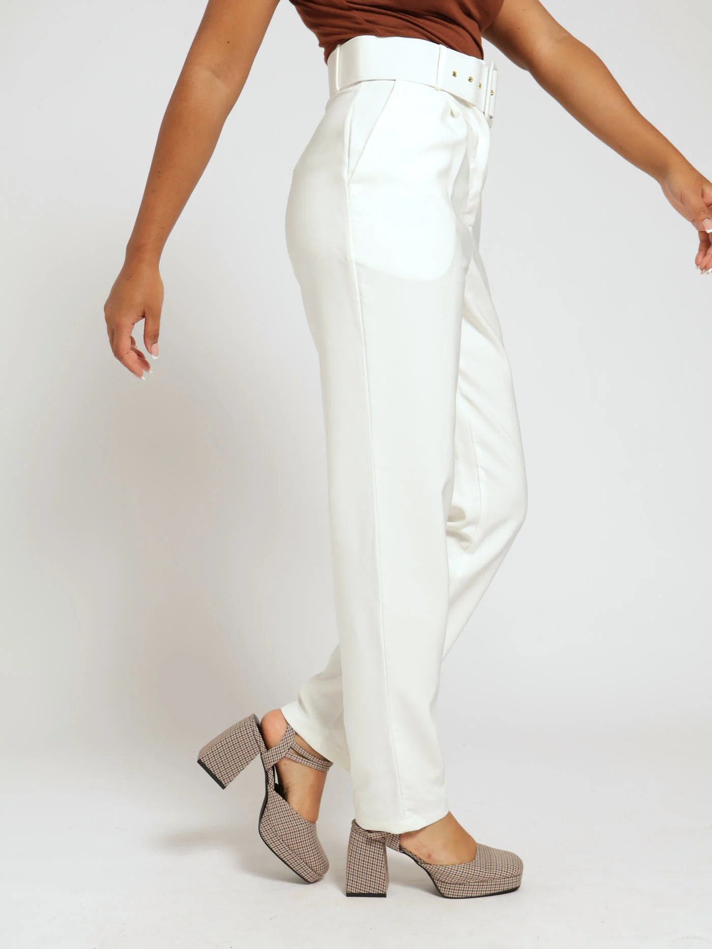 High Waist Belted Pants - Cream - Image 2