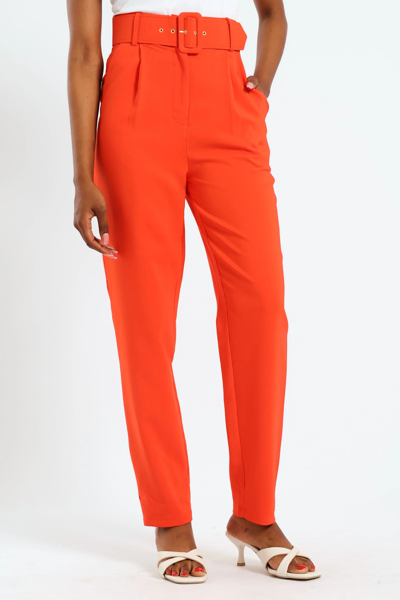 High Waist Belted Pants - Orange