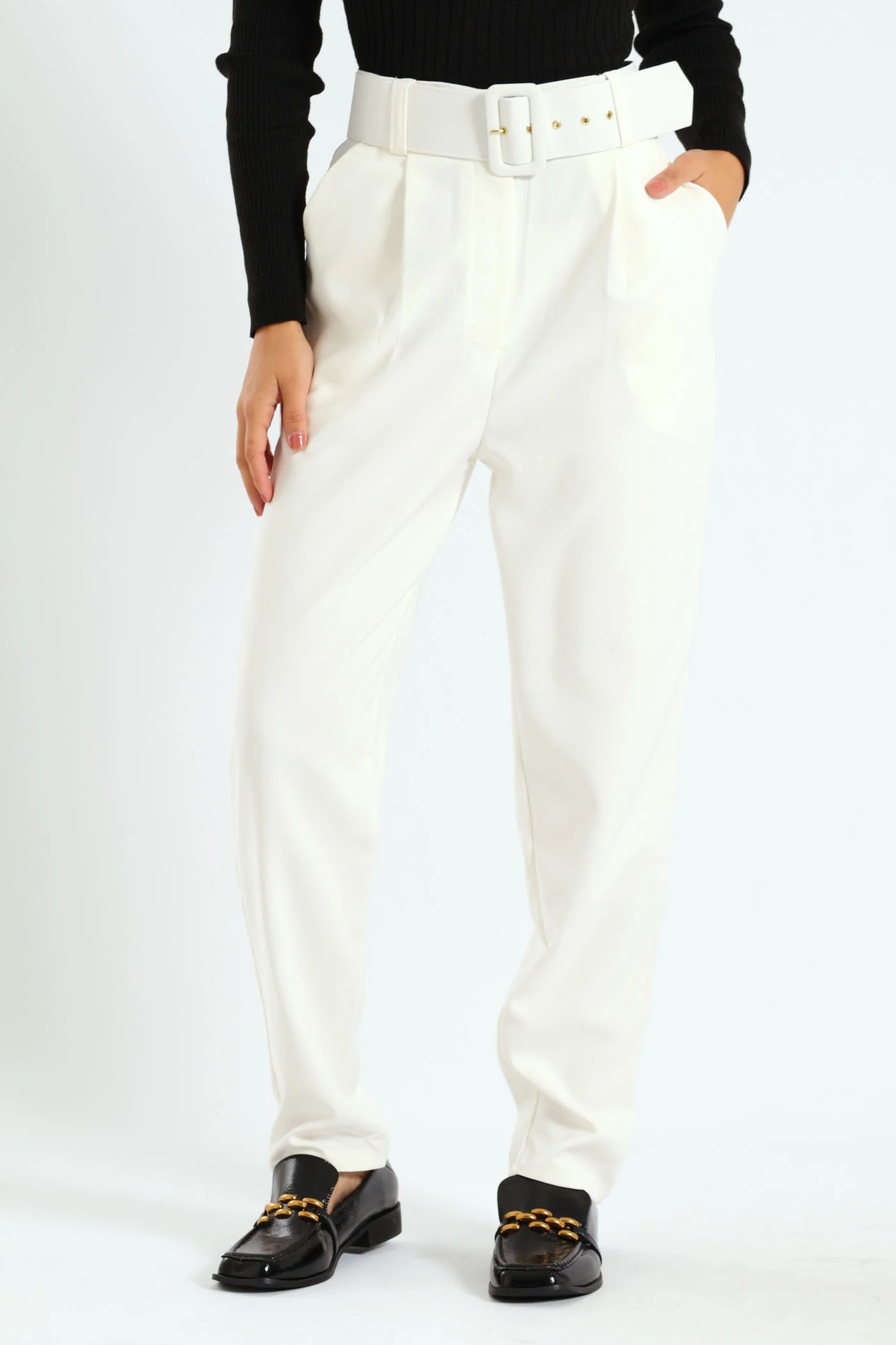 High Waist Belted Pants - White