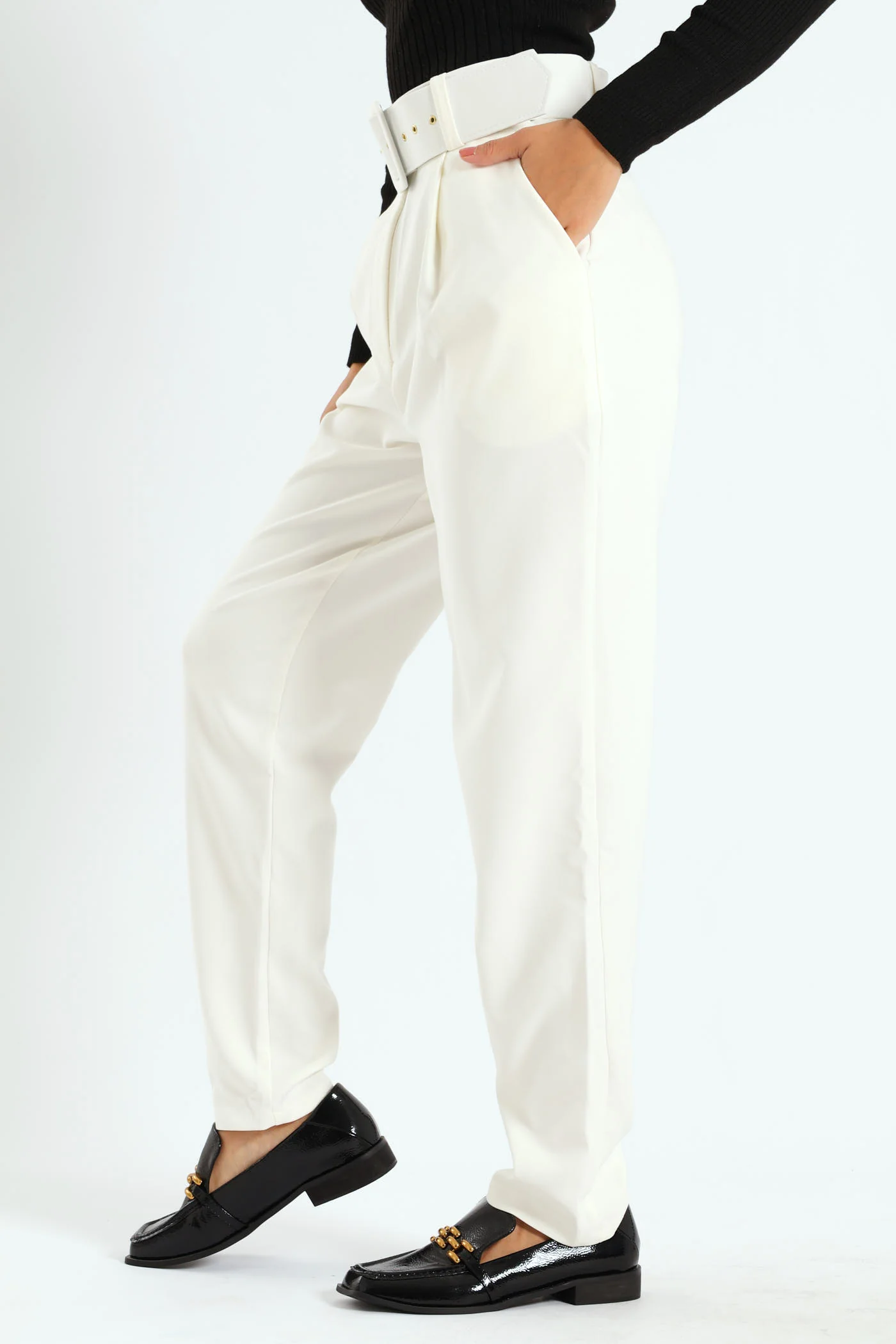 High Waist Belted Pants - White - Image 3