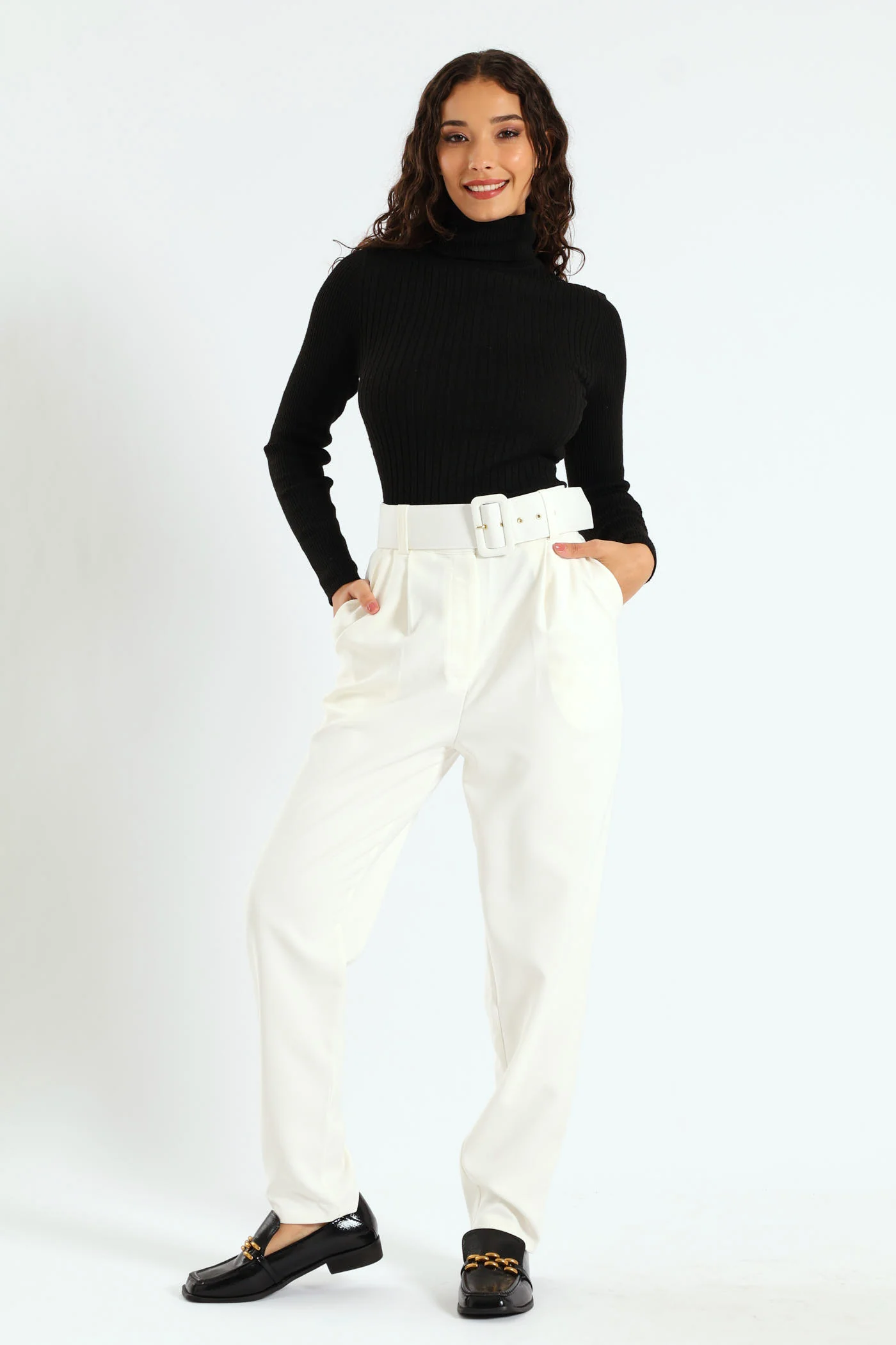 High Waist Belted Pants - White - Image 5