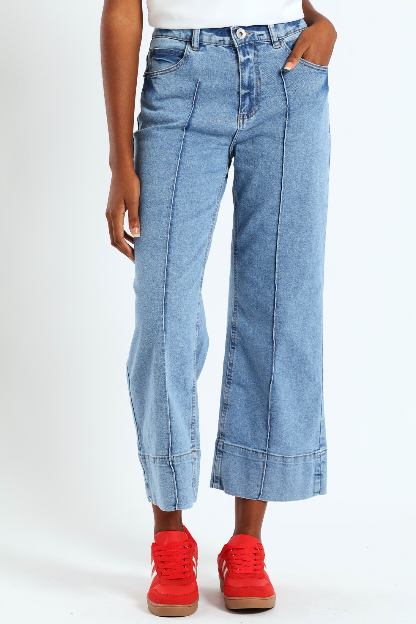 High Waist Crop Pintuck Wide Leg Jean - Stonewash