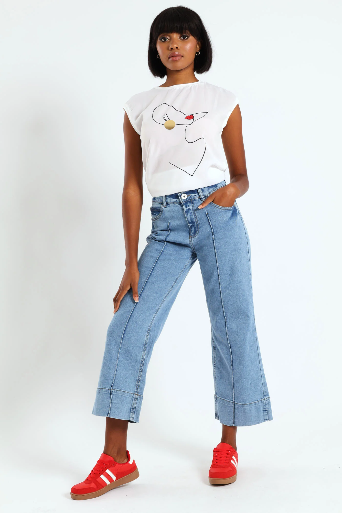 High Waist Crop Pintuck Wide Leg Jean - Stonewash - Image 2