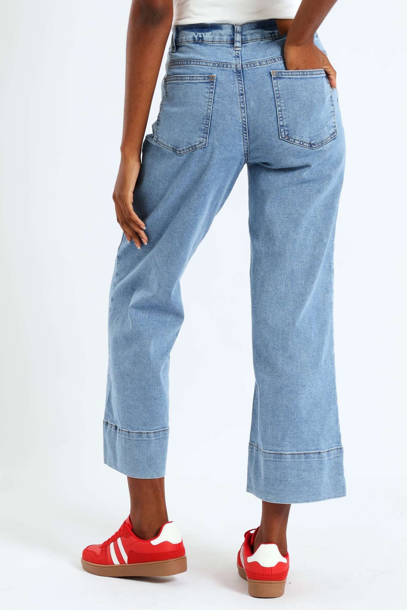 High Waist Crop Pintuck Wide Leg Jean - Stonewash - Image 5
