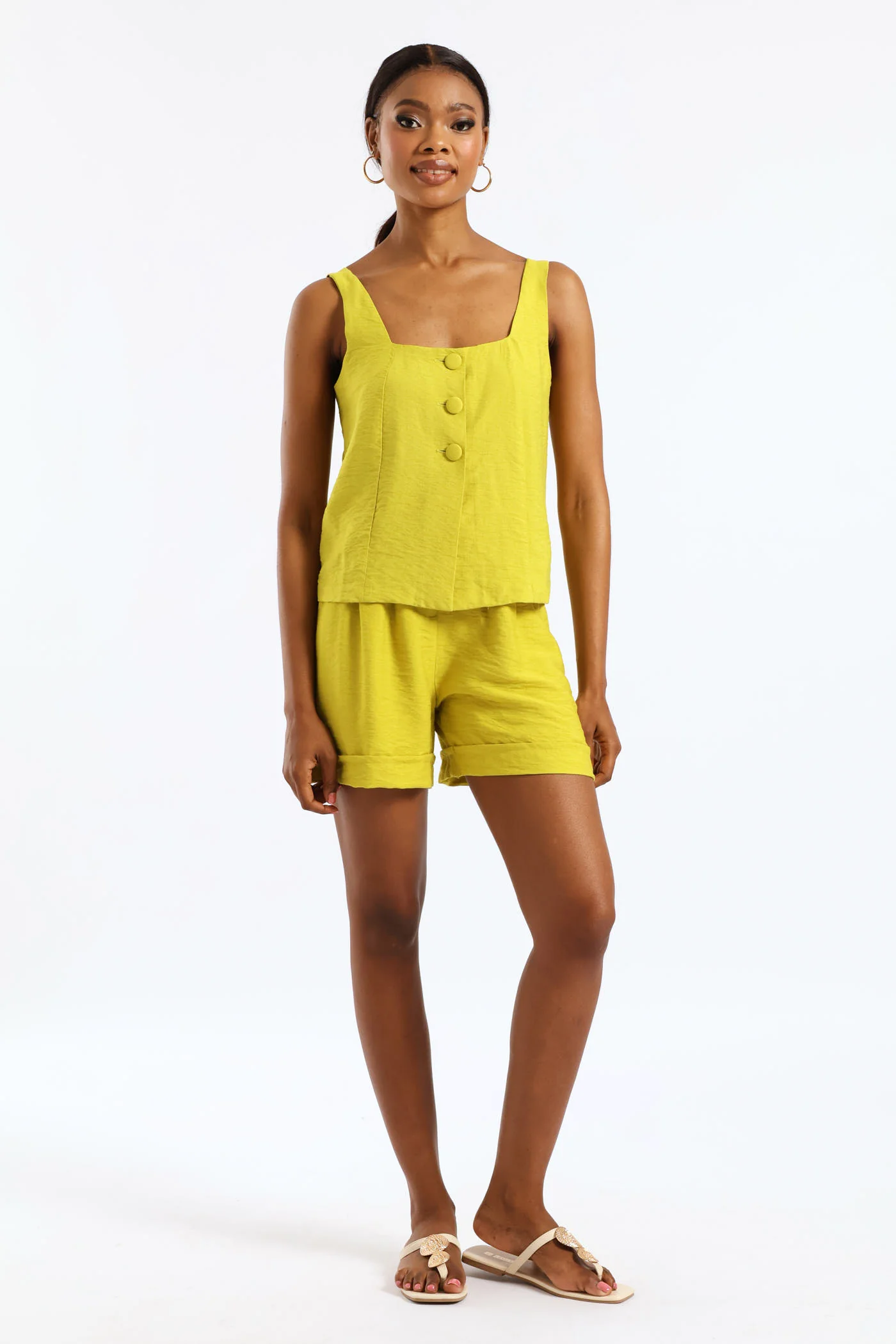 Highwaisted Pleat Detail Shorts - Chartreuse - Image 2