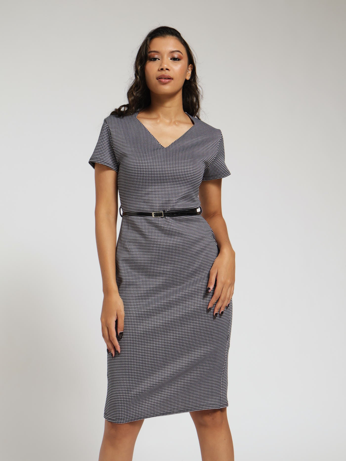 Houndstooth Belted Midi Bodycon Dress