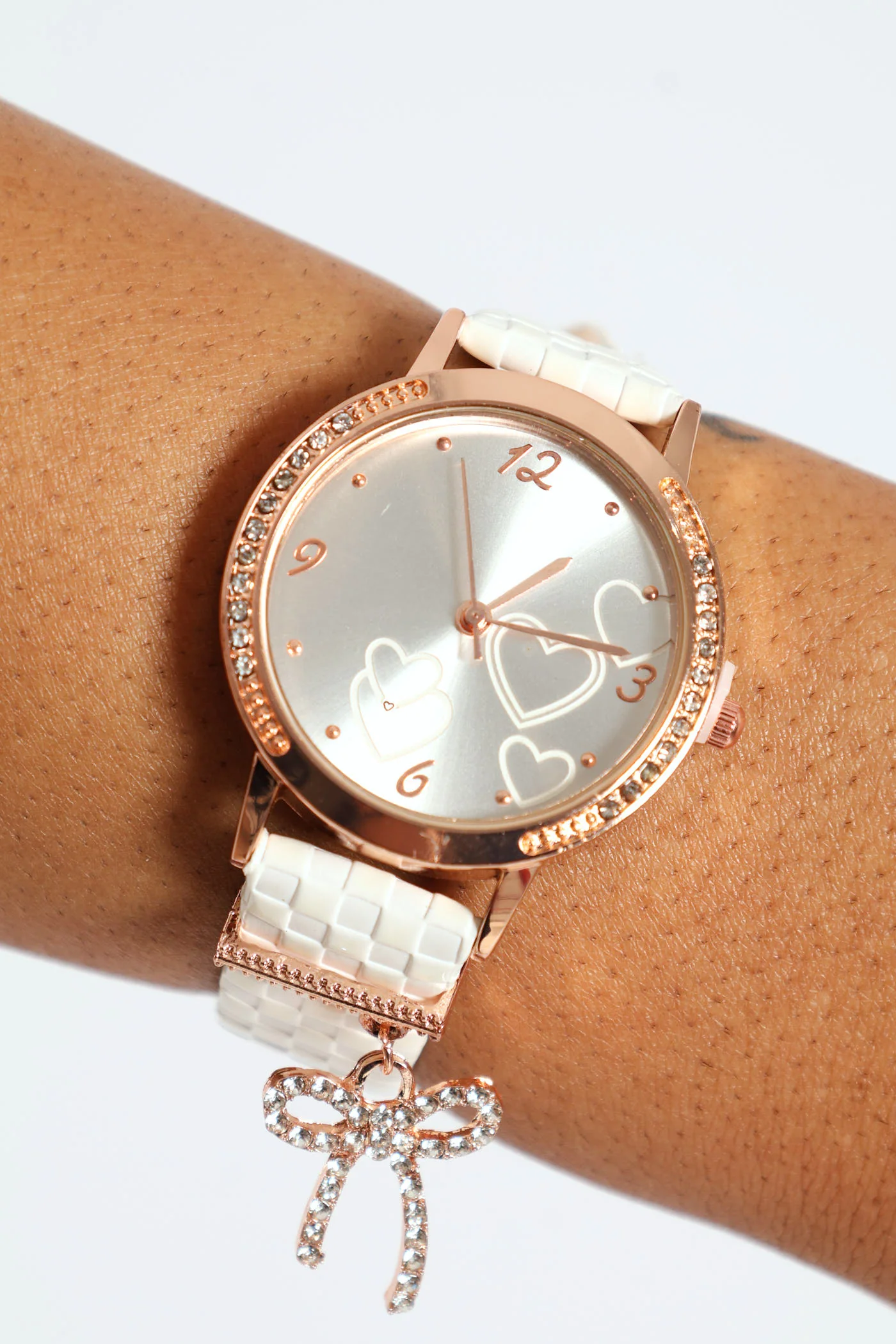 Inner Heart Dial PU Strap Watch With Diamante - White