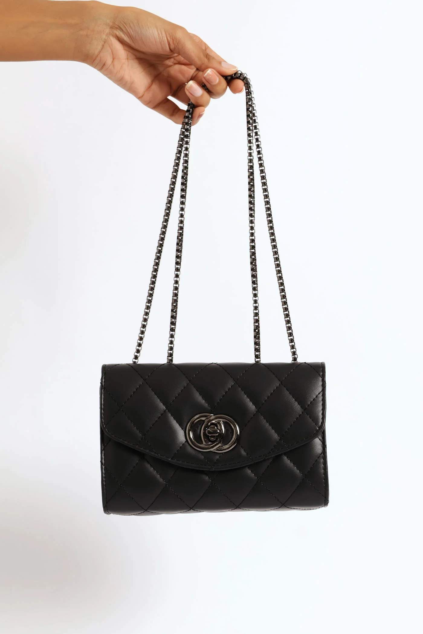 Interlink Clasp Quilted Satchel Bag - Black - Image 2