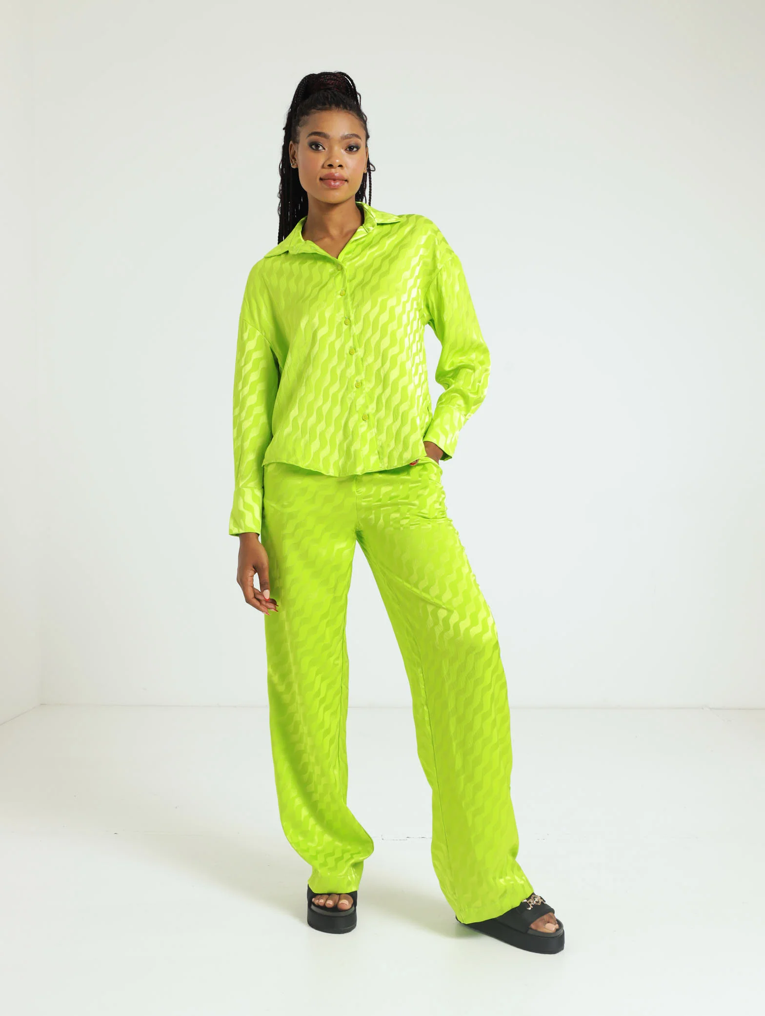 Jacquard Satin Wideleg Pants - Lime - Image 2