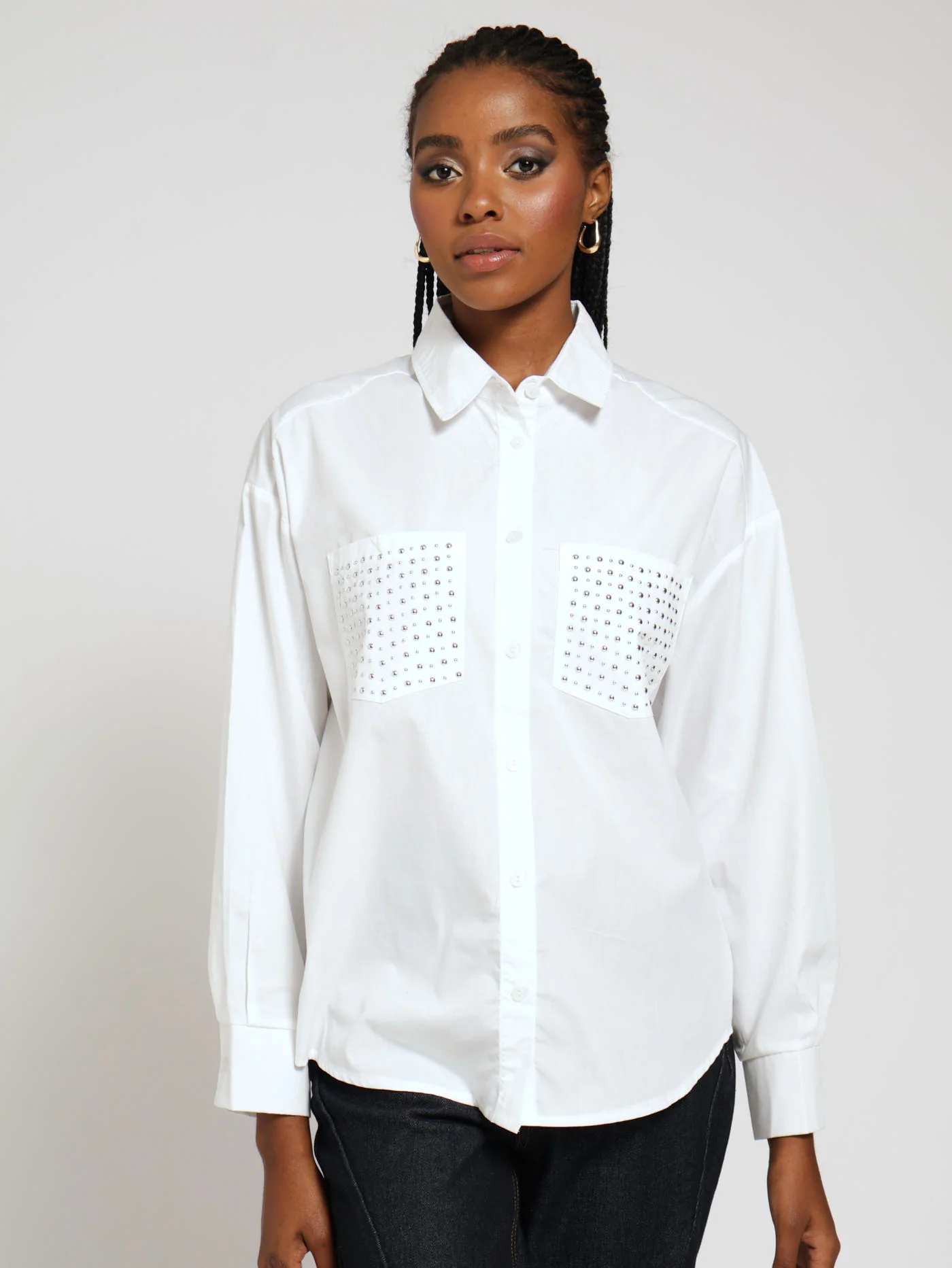 Jewelled Pocket Poplin Top - White