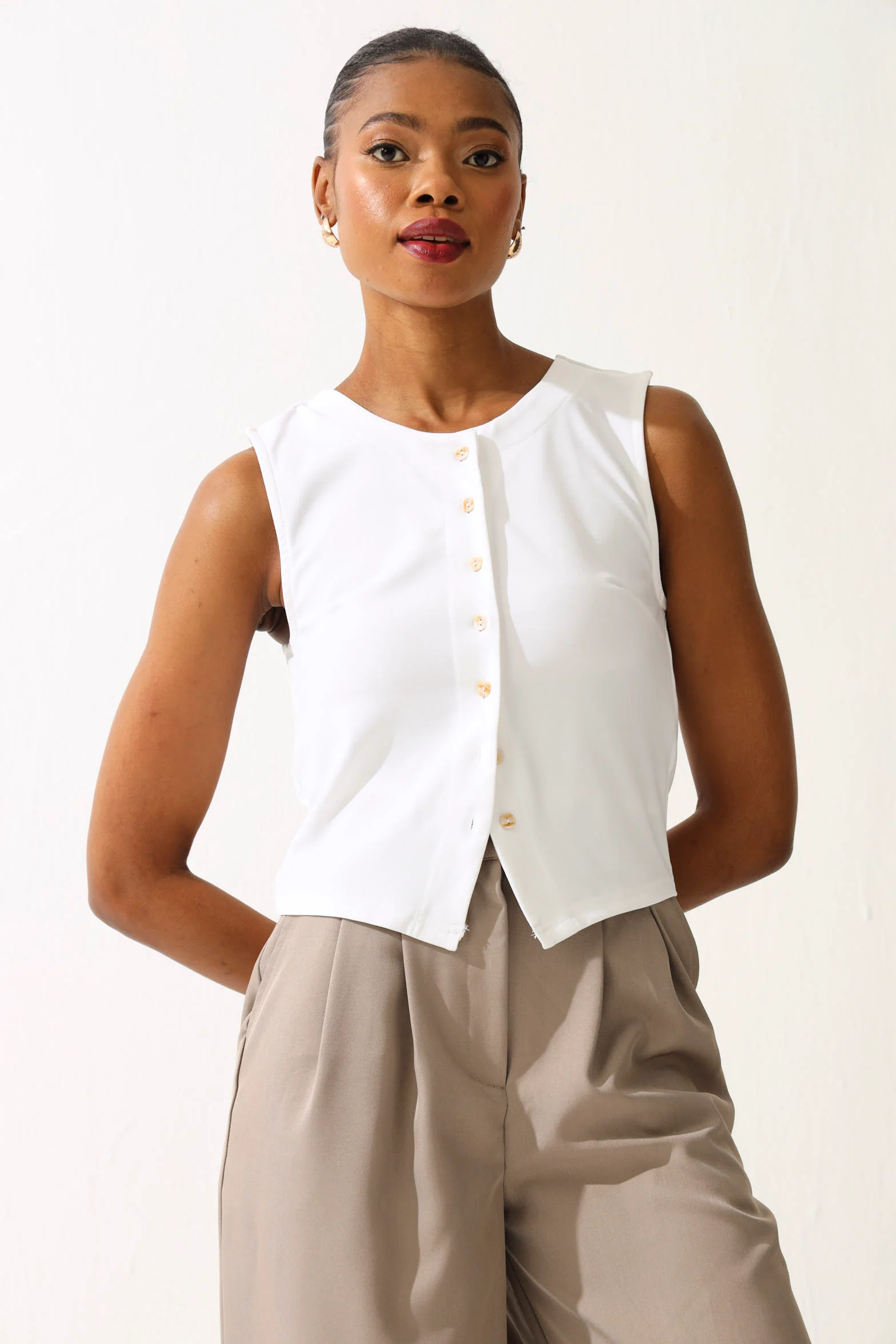 Knit Button Through Vest - White - Image 2