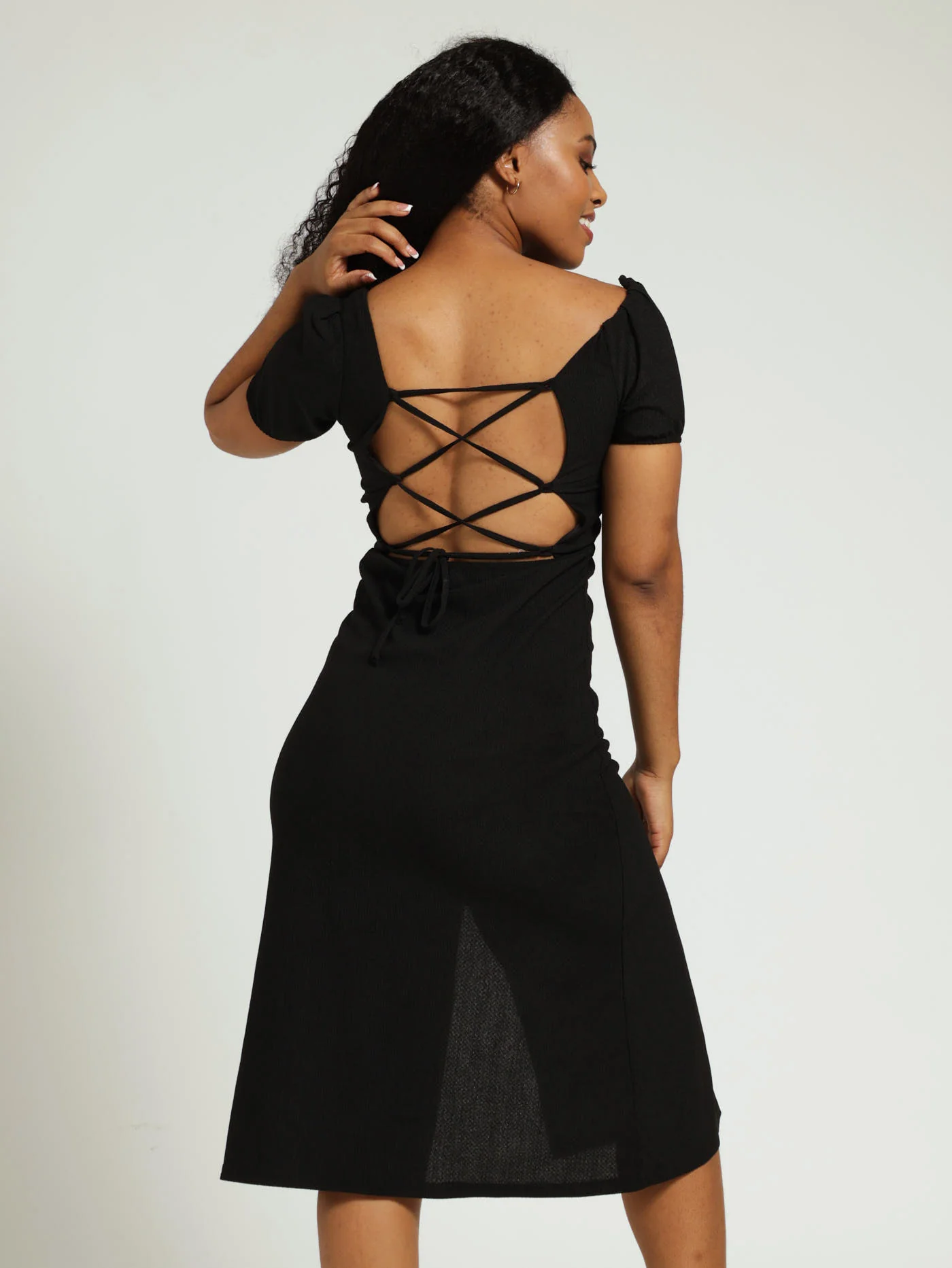 Knit Cross Back Midi Dress - Black - Image 2