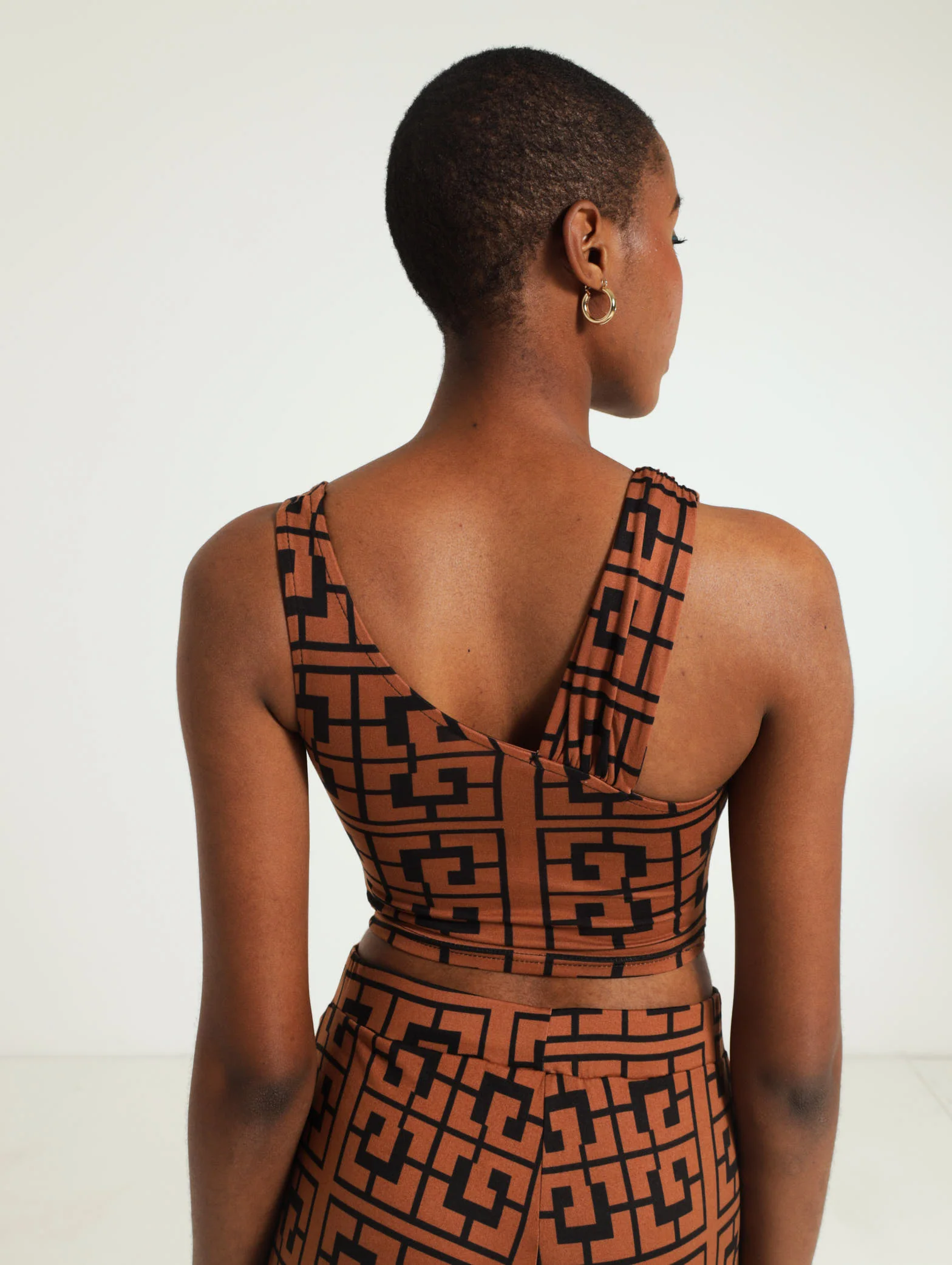 Knit Geo Ruched Detail Top - Black/Brown - Image 3