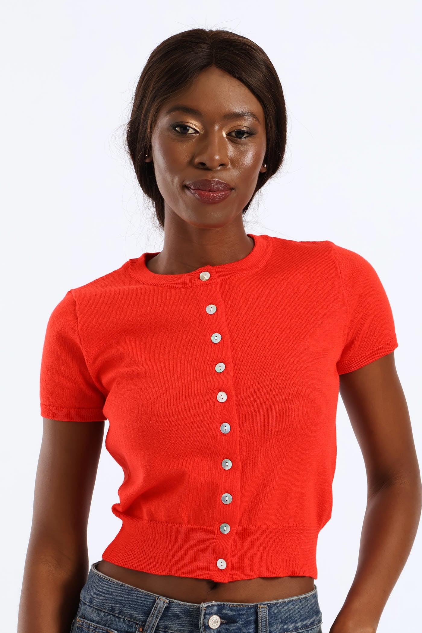 Knitwear Button Through Top - Tangerine