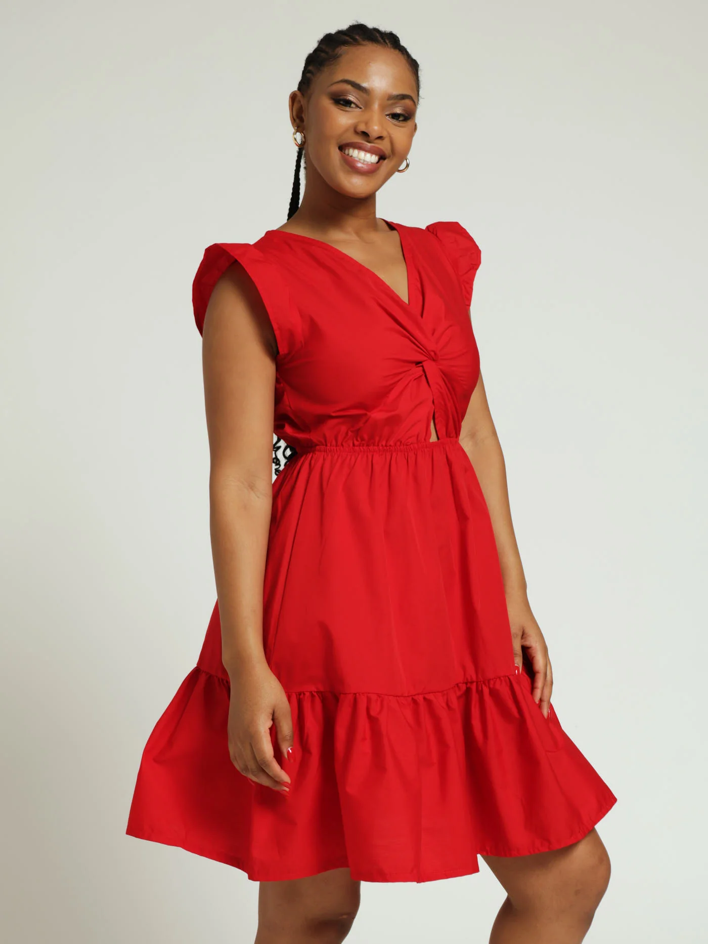 Knot Front Poplin Mini Dress - Red - Image 3