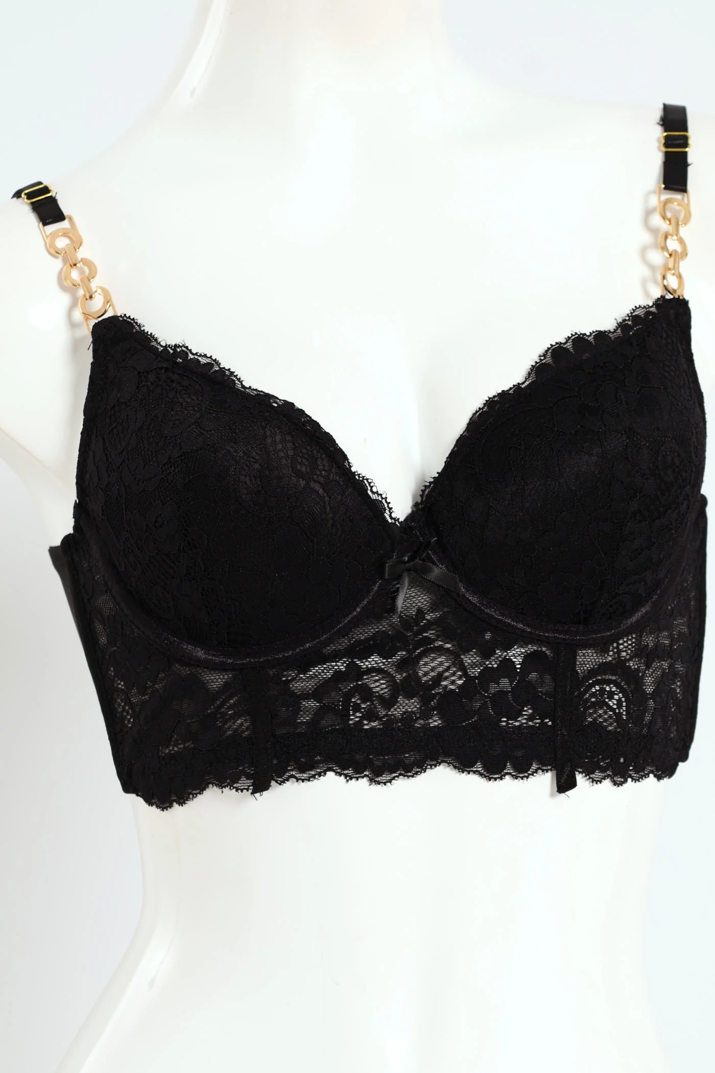 Lace Longline Plunge T-Shirt Bra With Chain Detail - Black