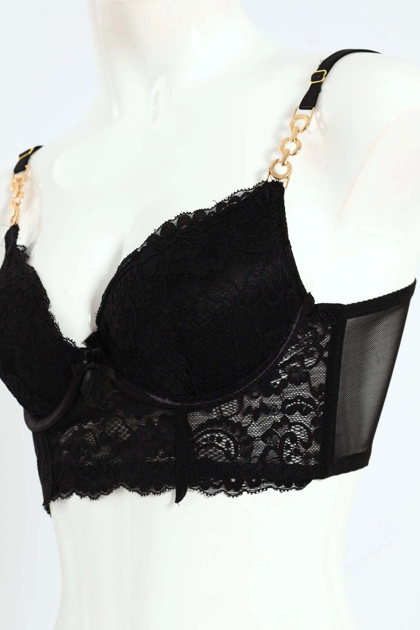 Lace Longline Plunge T-Shirt Bra With Chain Detail - Black - Image 2