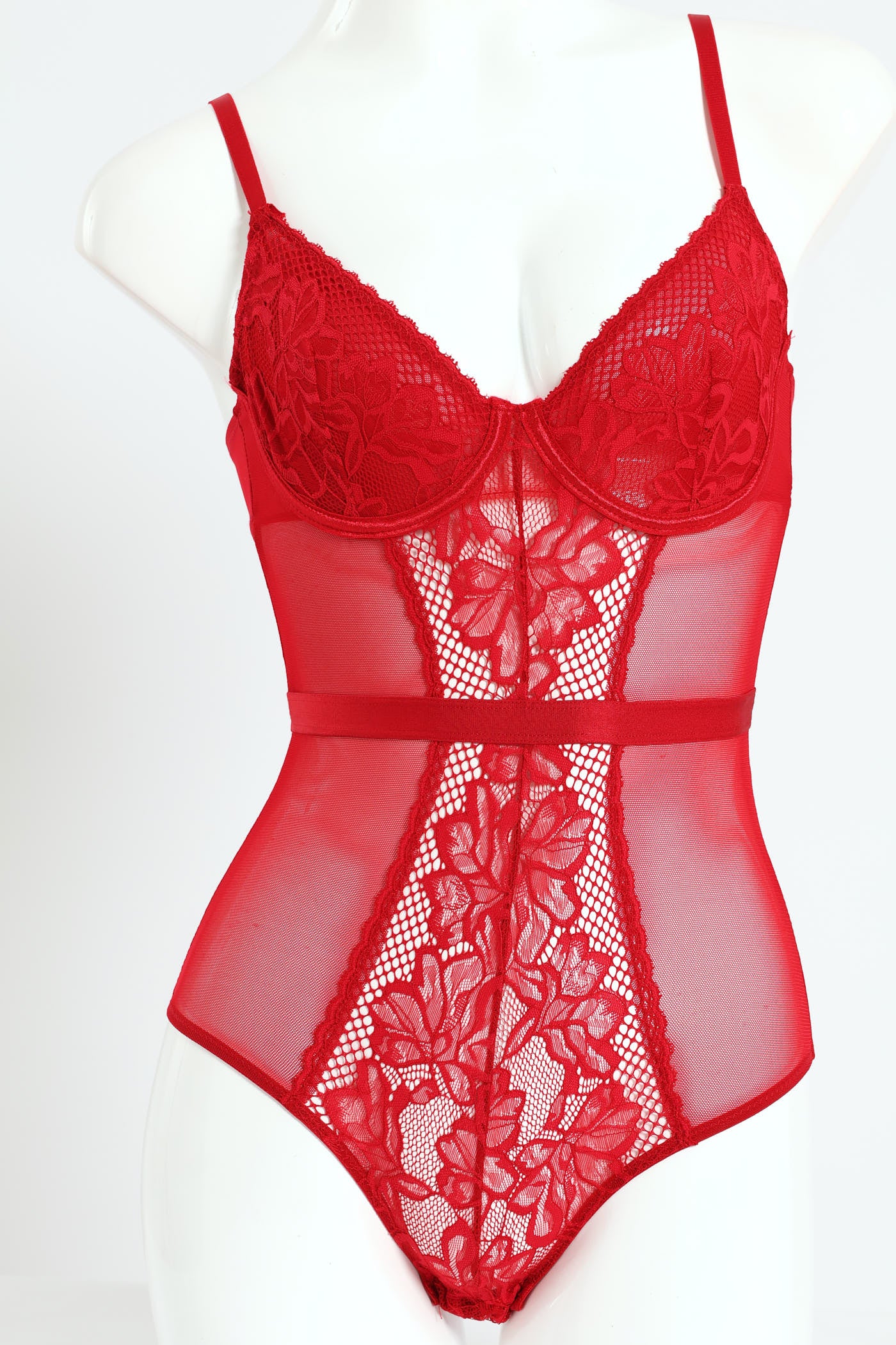 Lace & Mesh Bodysuit - Red