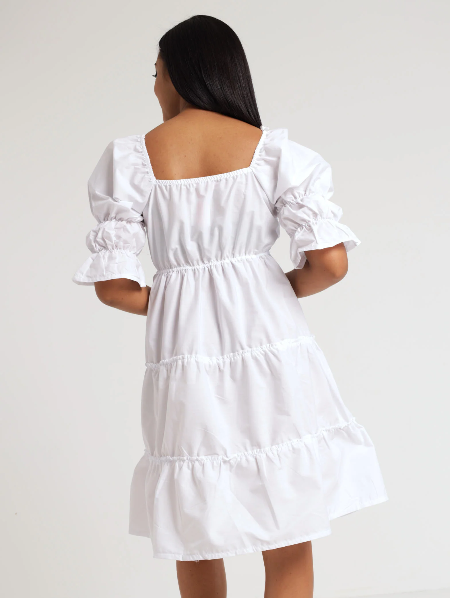 3/4 Elastic Sleeve And Waist Poplin Dress - White - Image 3