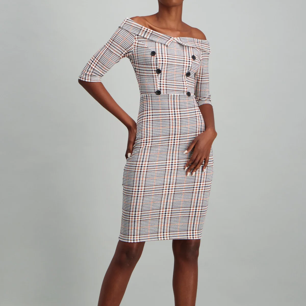 3/4 Sleeve Button Detail Dress - Check